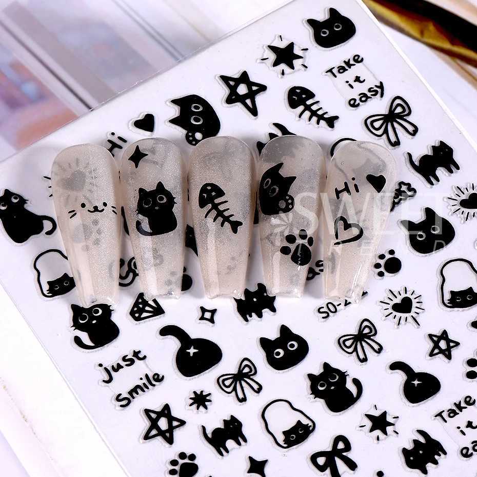 2pcs 3D Black Kawaii Cat Nail Stickers Decals Love Heart Y2K Star Bow Cartoon Self Adhesive Nail Sliders Decorations ManicureXJ240814