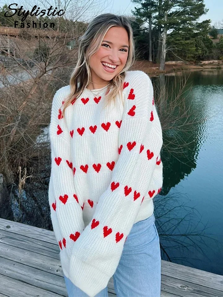 Casual Knitted Heart Print Pullovers Women Loose O Neck Long Sleeve Sweaters Female Autumn Winter Lady Fashion Warm Jumpers 240812