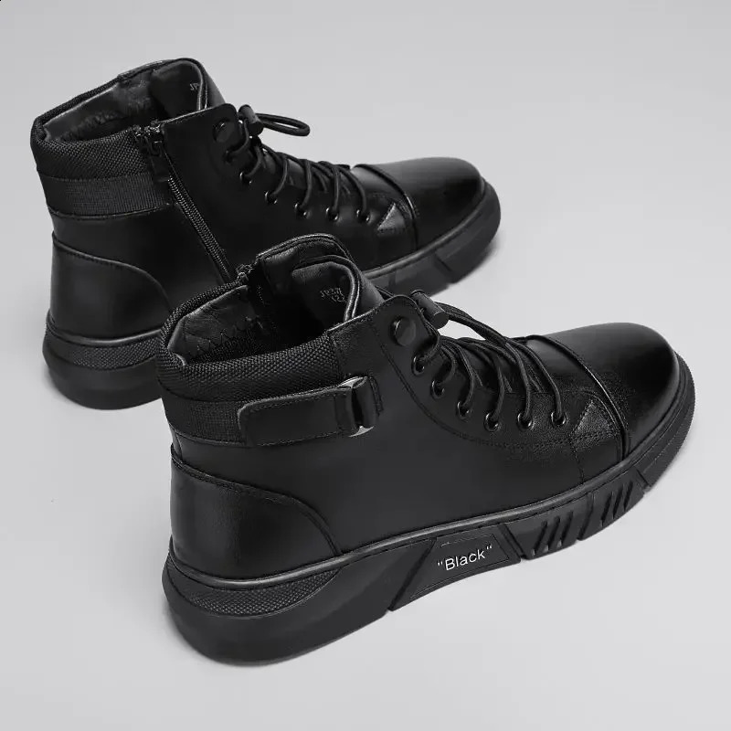 Ankle Boots Black PU Leather Mens Sports Shoes Autumn Winter Comfortable High-top Casual Fashion Platform Boots Man Round Head 240828