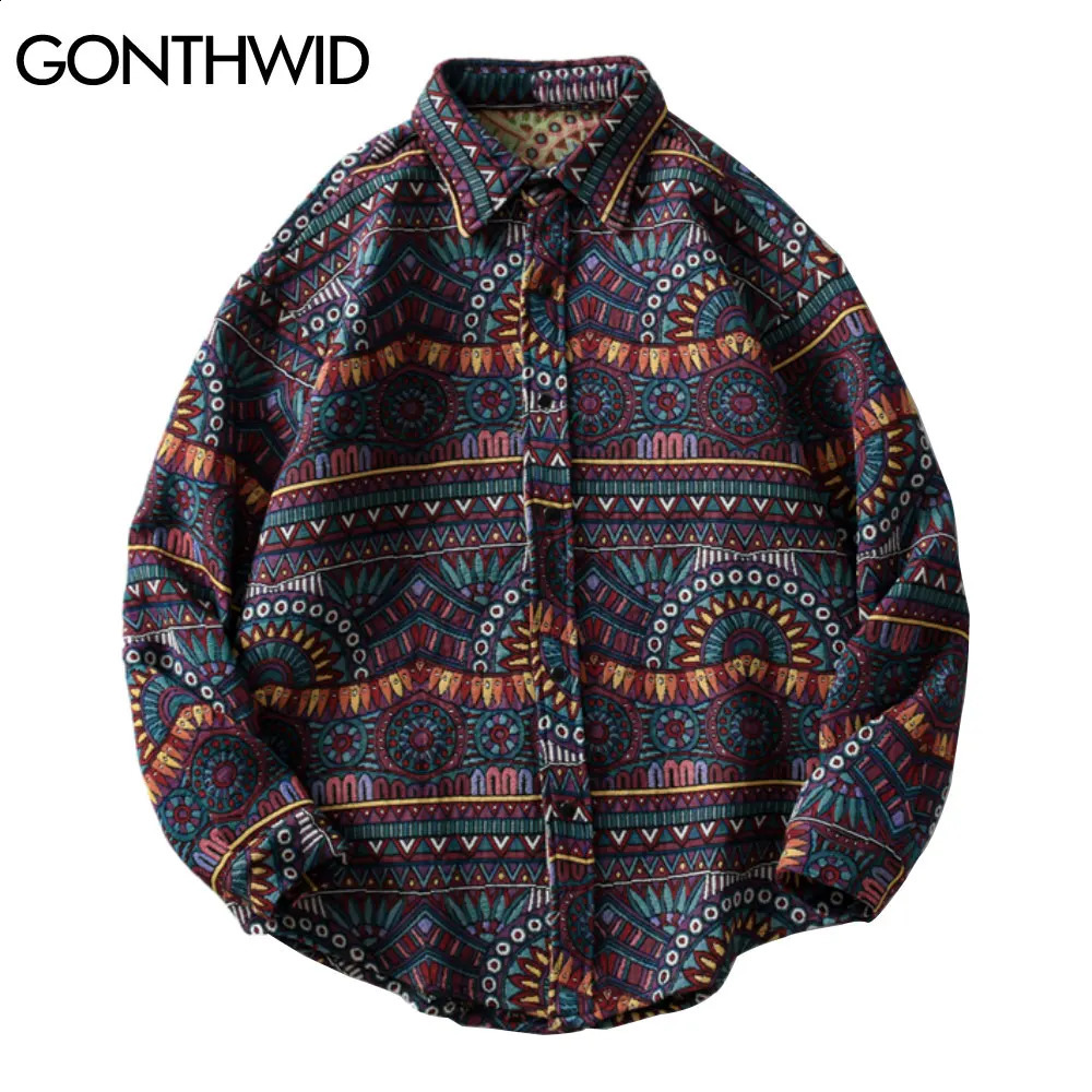 GONTHWID Knitted Shirt Harajuku Geometric Ethnic Style Flower Button Shirt Street Clothing Hip Hop Casual Long Sleeve Top Coat 240814