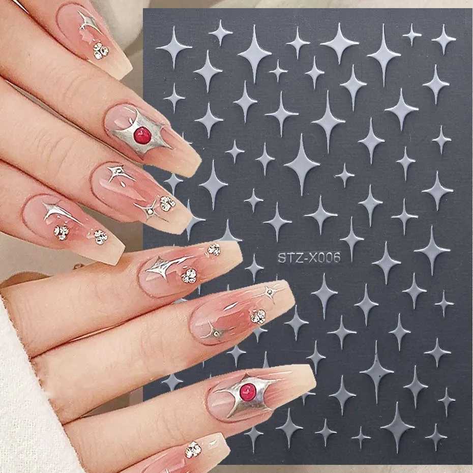 Silver Gold Star Nail Art Stickers Y2K Charms Self-Adhesive Sliders Laser White Chrome Gel Polish Decals Kawaii AccesoriesXJ240814
