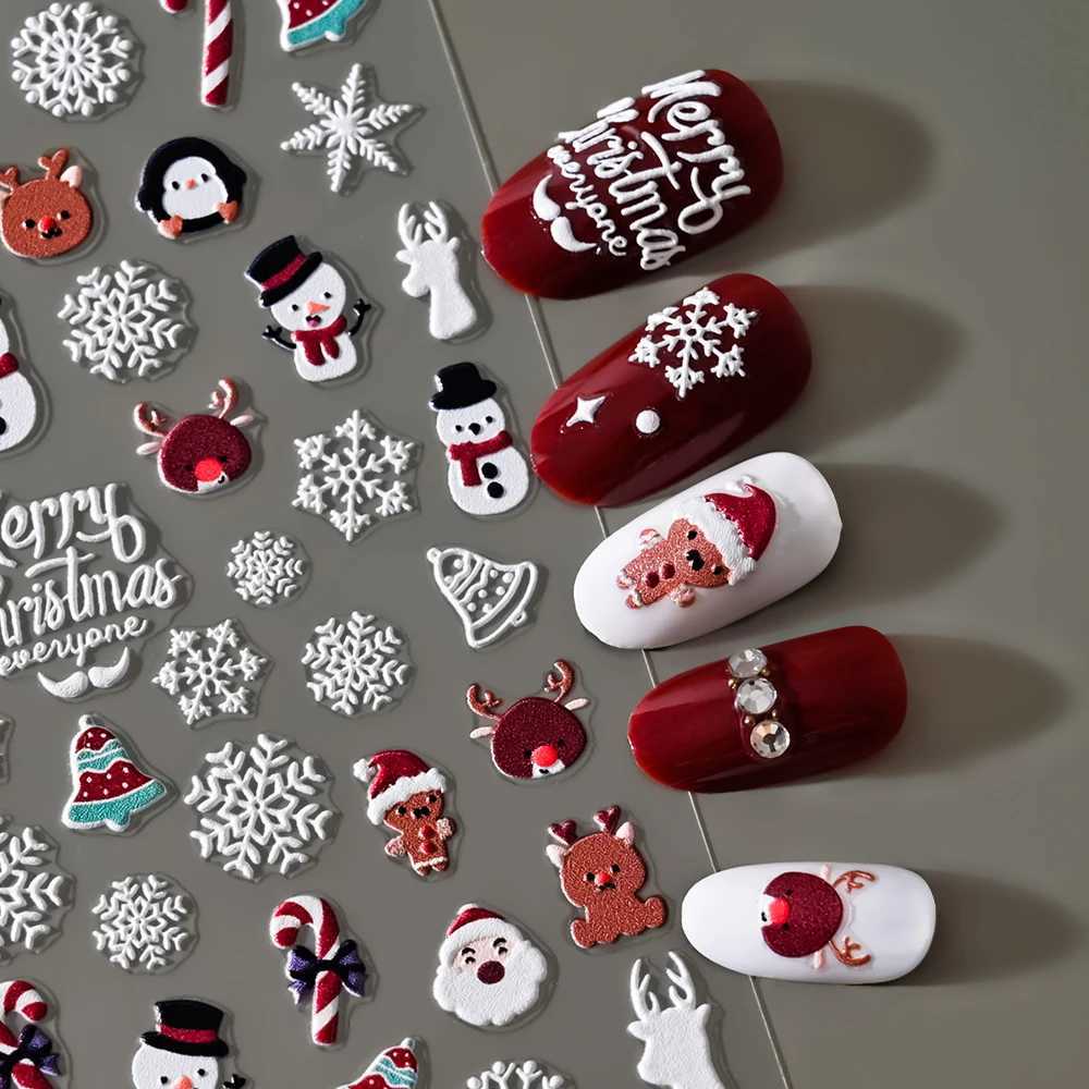 Christmas 5D Embossed Snowman Snowflakes Nail Art Stickers 8*10cm Cartoon Santa Claus Elk Christmas Decal DIY Manicure Decals *XJ240814