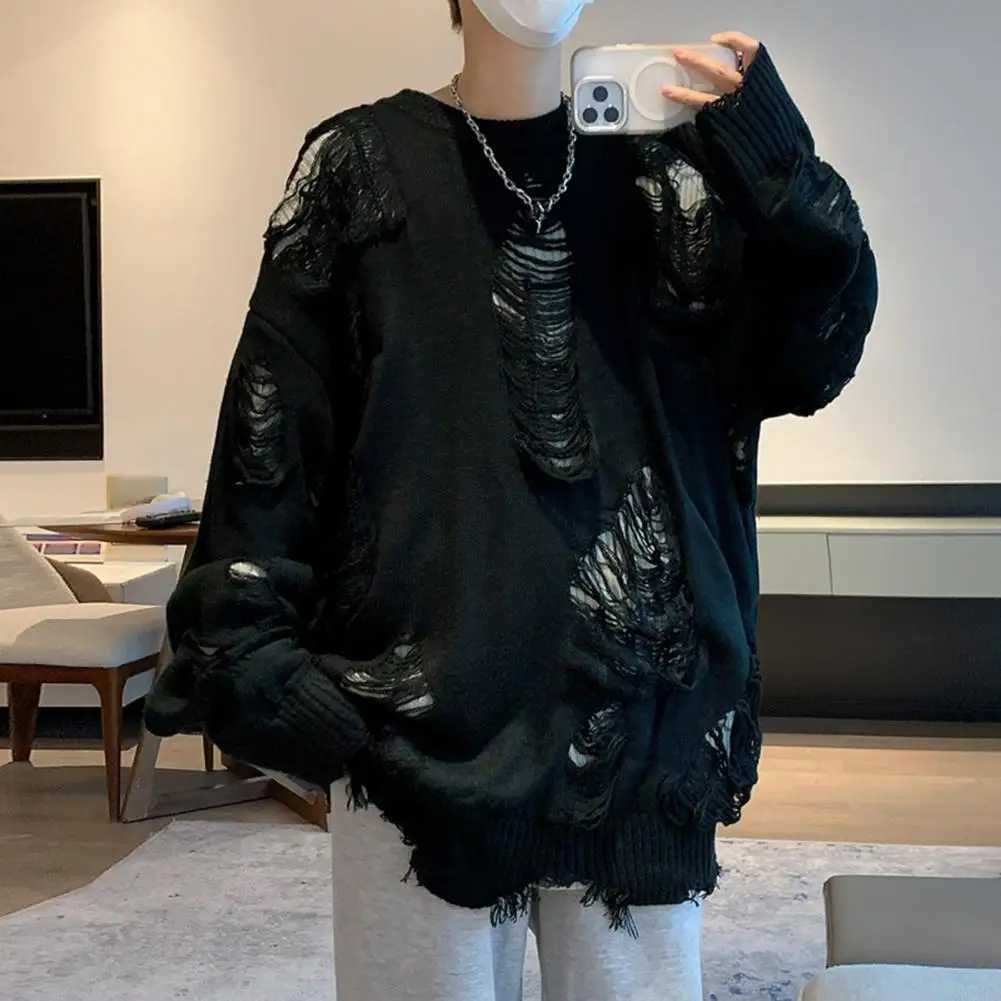 Ripped Hole Sweater Hollowed Out Women Sweater Streetwear Mens Sweater Hip Hop Style Ripped Two-piece Design Knitted Round NeckXJ240814
