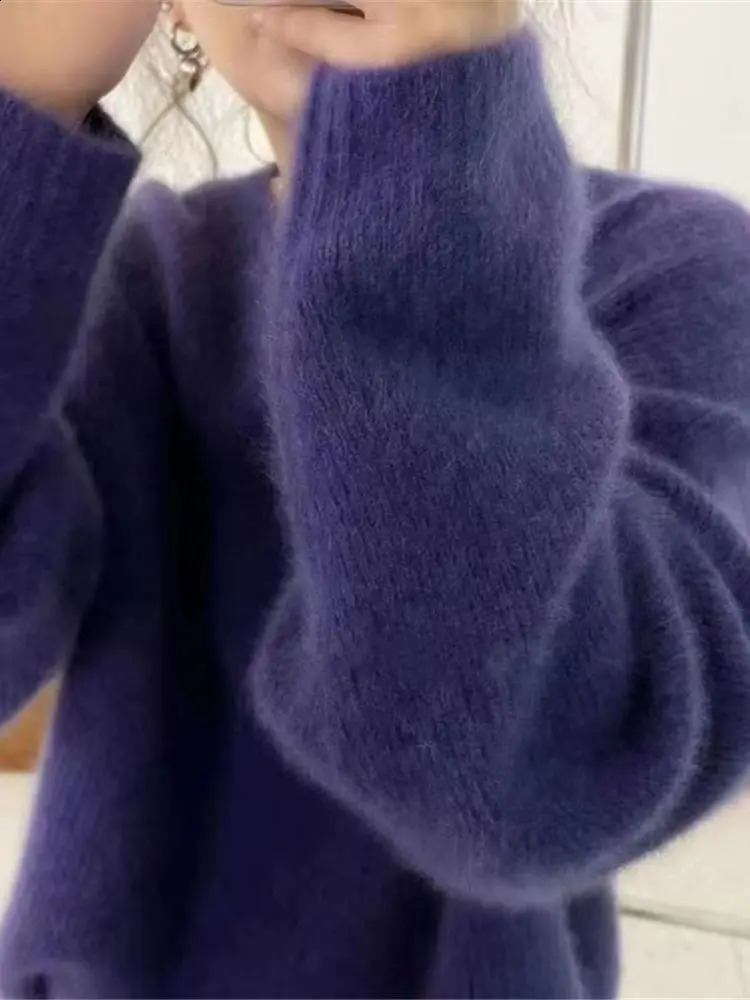 AutumnWinter Round Neck Cashmere Sweater Womens Thick Grey Wool Moher Soft Knitted Long Sleeve Floral Basic Top 240814