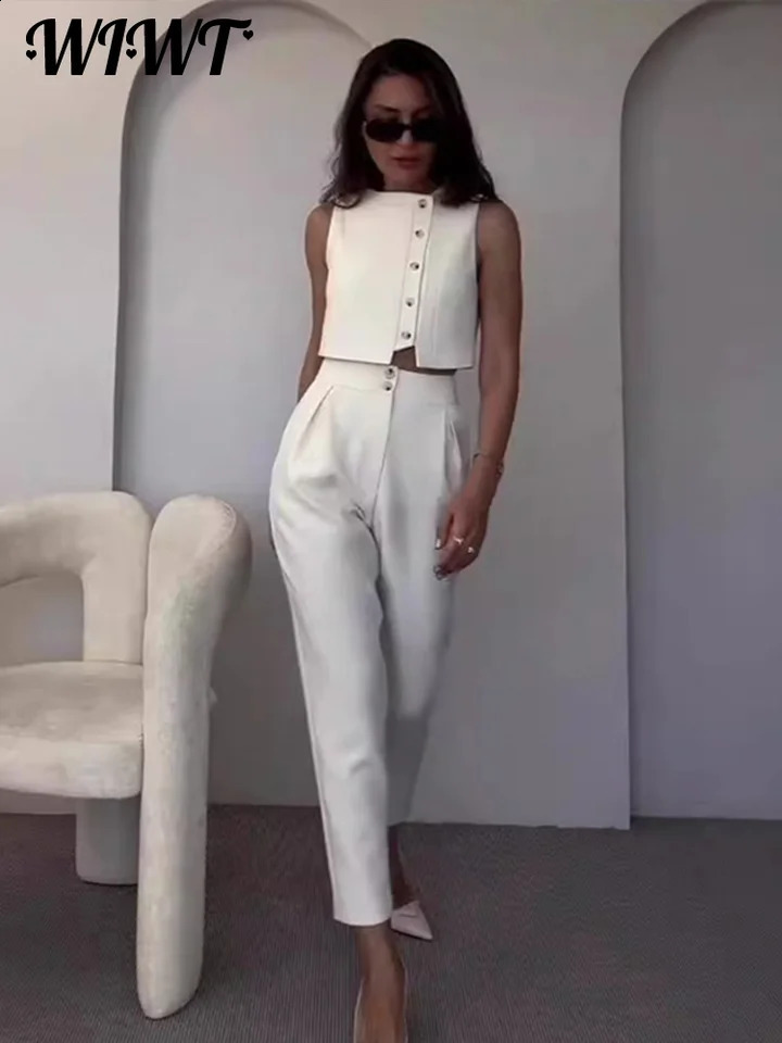 Casual Single Breasted Vest Pants Set Women Elegant Sleeveless O-neck Tank Top Slim Pencil Trousers Lady 2-Piece Outfit 240815
