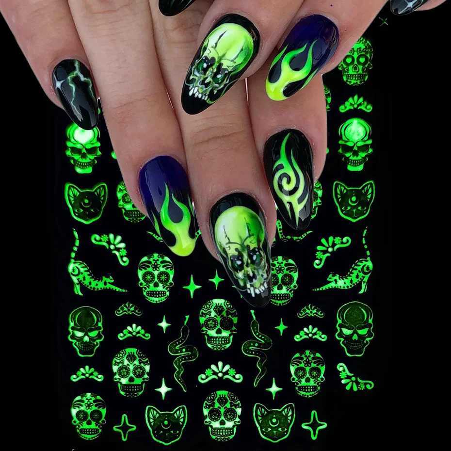 3D Luminous Nail Stickers Decals Spider Web Halloween Black White Glowing in the Dark Nail Art Sliders Foils Tattoo TRCY046-054XJ240814