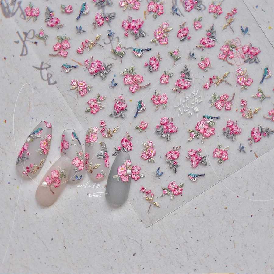 1pcs 5D Embossed Flower Nail Stickers Kawaii Pink Flower Nail Art Charms Decorations Decals DIY Self-Adhesive Slider AccessoriesXJ240814