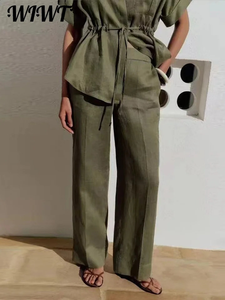 Elegant Lace-up Lapel Shirt Pants Set Women Loose Turn-down Collar Short Sleeve Top Straight Trousers Summer Casual Outfits 240815