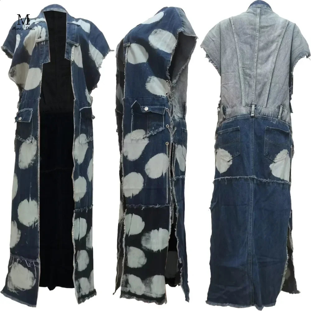 Streetwear Women Long Jacket Sleeveless Chain Patchwork Slit Y2K Clothes Fashion Cotton Washed Denim Coats 240814