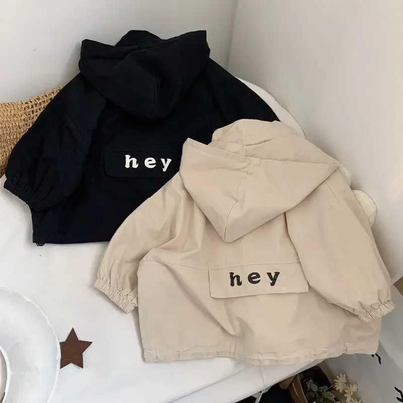 Korean style spring autumn baby boy girl hoodie black beige letter printed zipper jacket cardigan trench childrens clothing W240807