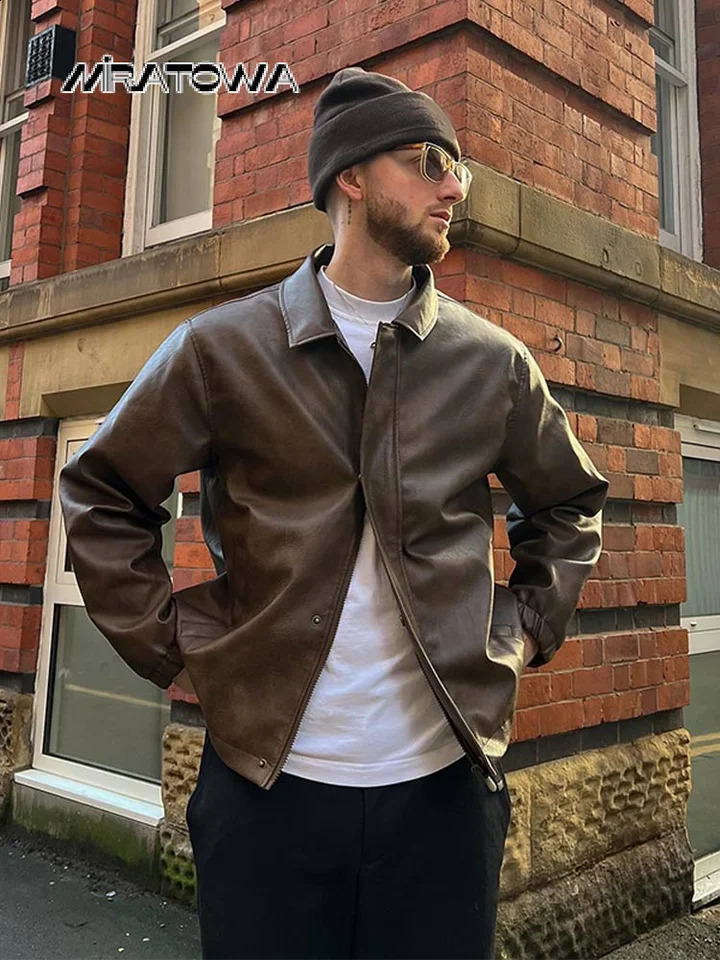 Vintage Walnut Vegan Leather Jacket 2024 Sutumn Lapel Long Sleeve Loose Overcoat Male Casual Pocket Faux Leather Coat Mens Top 240814
