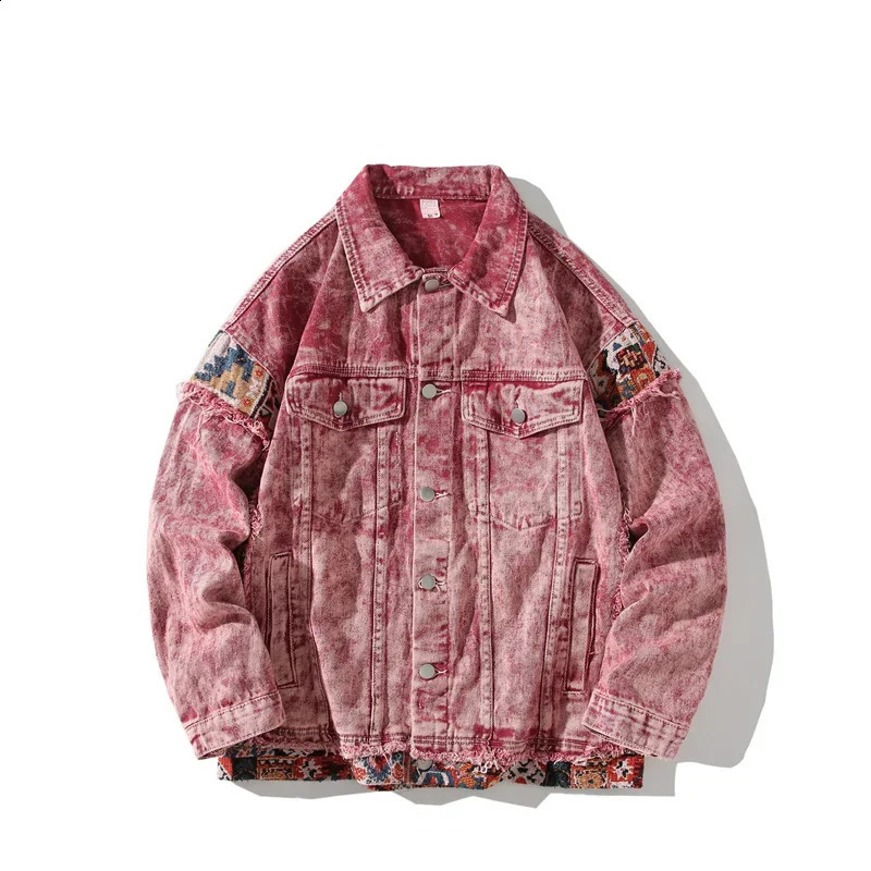 2024 American retro sweet cool pink patchwork denim jacket mens loose casual retro couple jacket S-3XL 240814