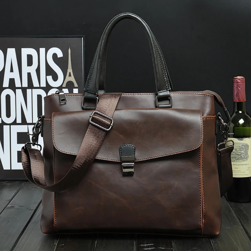 Vintage MenS Briefcase Crazy Horse PU Leather Executive Laptop Executive Handbag Tote Messenger Business Portfolio Side Bag 240813