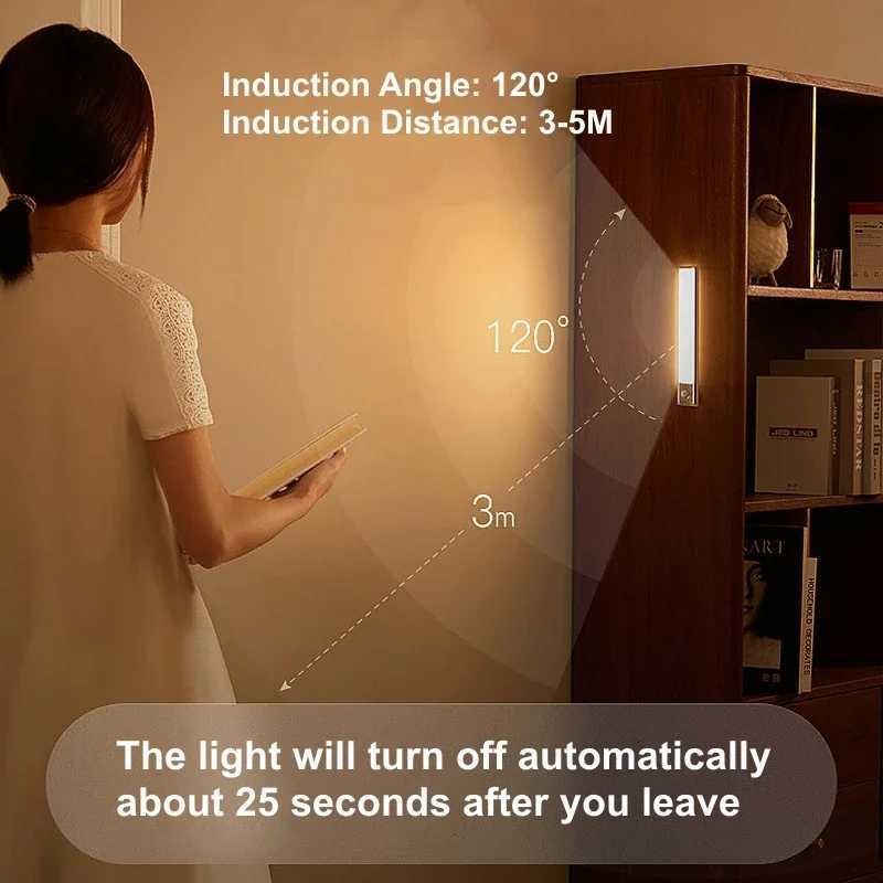 USB Rechargeable Motion Sensor LED Cabinet Light for Kitchen Bedroom Wardrobe Induction Wireless Night Lamp for Corridor Stairs Y240814