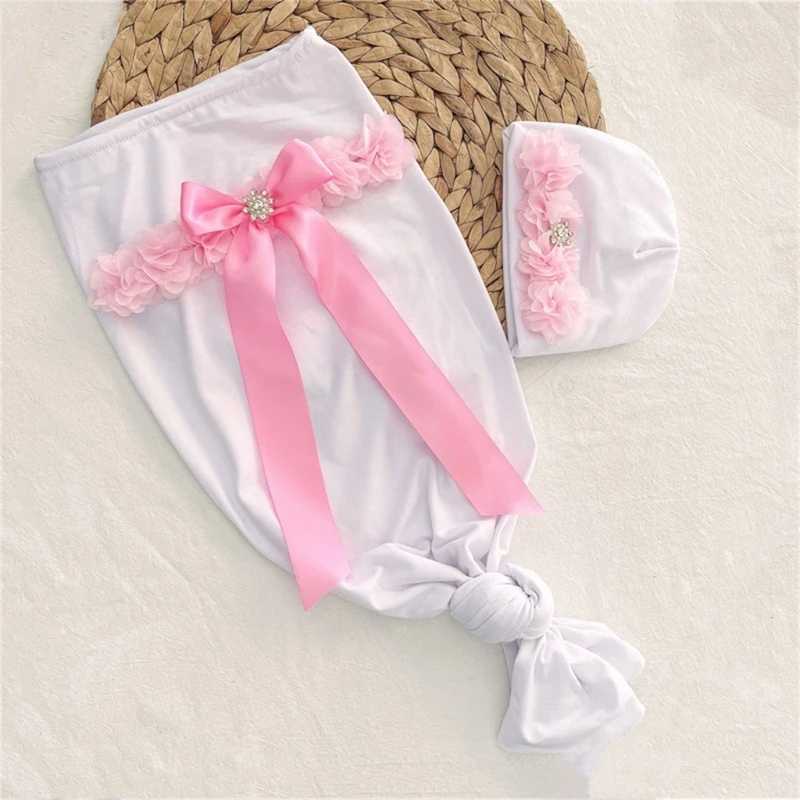 0-2Month Baby Photo Clothes Bowknot Sleeping Bag Beanie Hat Newborn Photography Costume Set Infant Photoshooting Outfit Y240814