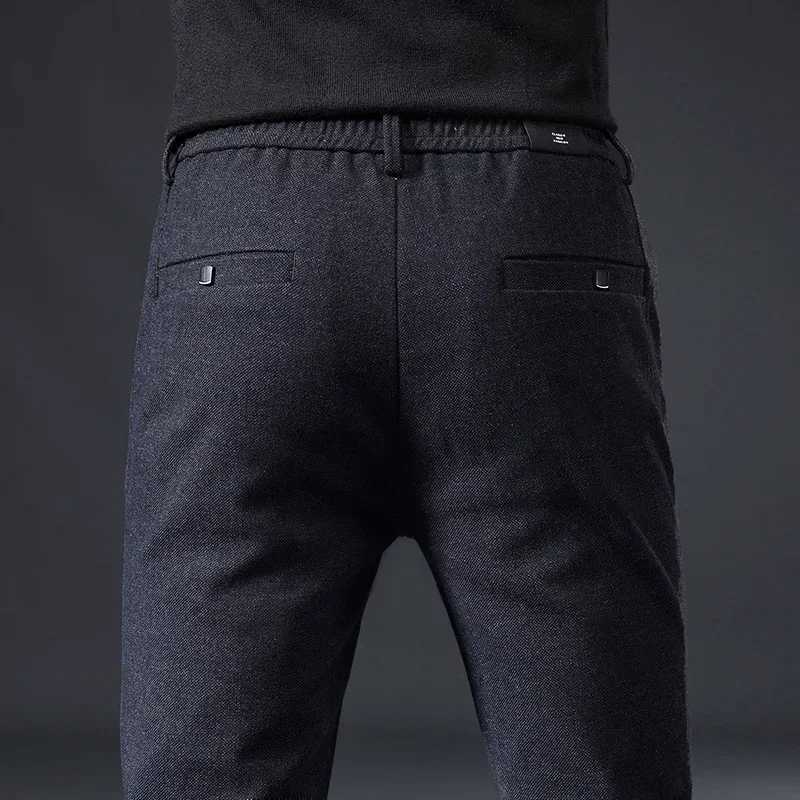 Autumn and winter brushed fabric casual pants mens thick work pants brushed elastic waist ultra-thin black mens plus size 38W240725