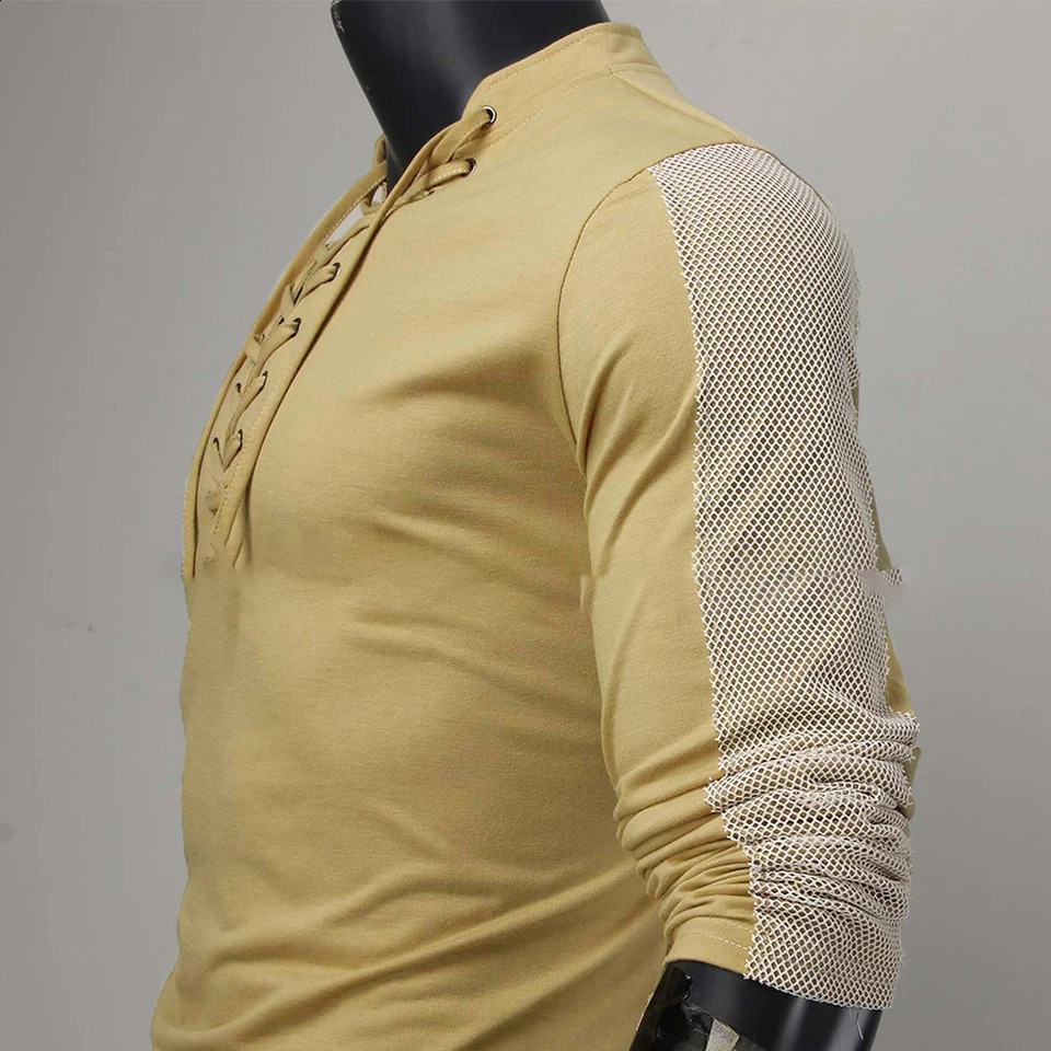 Mens Long Sleeve Lace Up Pullover T Shirt Casual V Neck Muscle Tops Blouse Adult Men Medieval Shirts Tops Chemise 240814