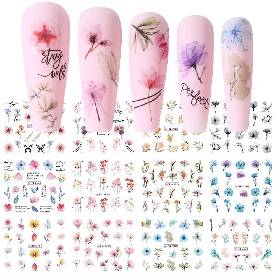 12pc Spring Flowers Nail Sticker Ink Blooming Floral Design Simple Flower Leaves Water Decals Watercolor Sliders for Nails DecorXJ240814