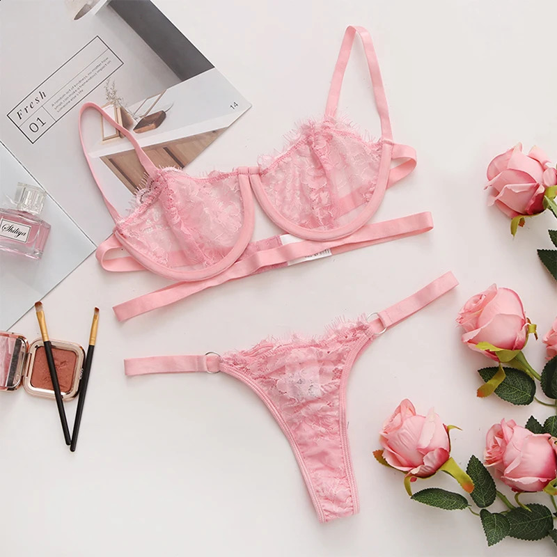 Lace Sheer Bra Cute Womens Pajama Set With Panties Embroidery Sexy Lingerie Steel Ring PushUp Body Bras Femme Sleepwear Sets 240815