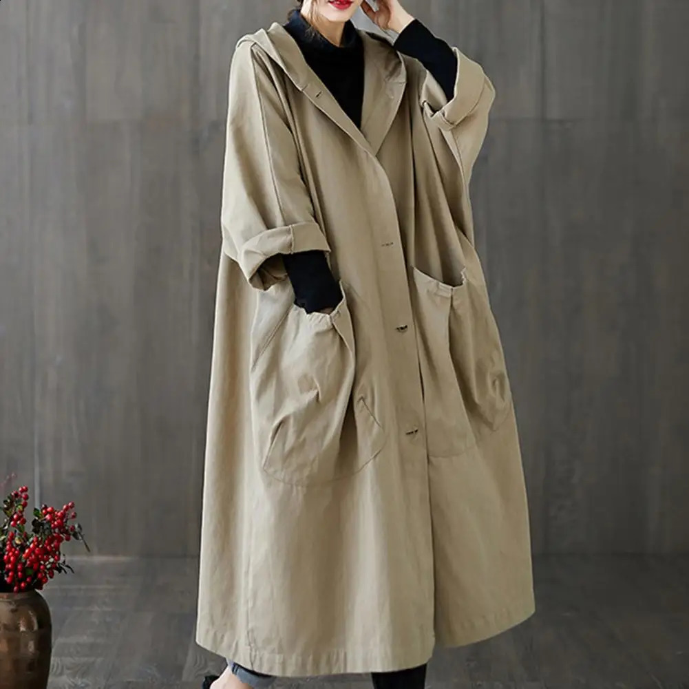Spring and Autumn Trench Coat for Women Korean Single breasted Medium length Womens Khaki Windproof Pocket sized 240814