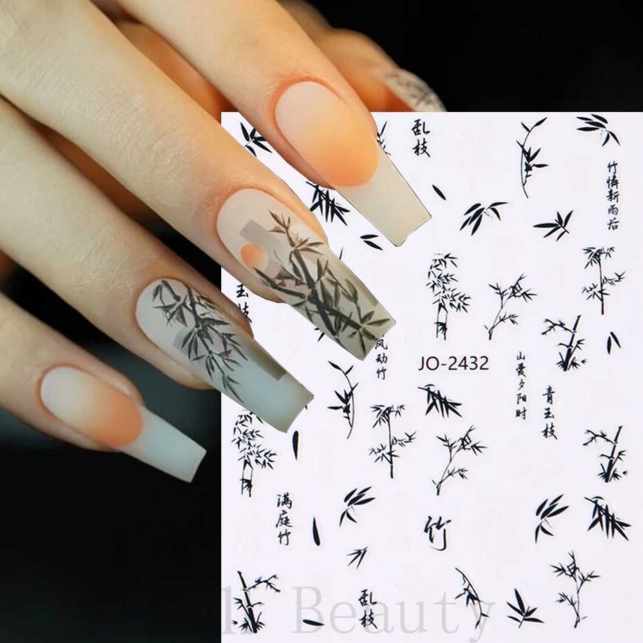 Chinese Character Nail Sticker Abstract Art Words 3D Design Sliders Painting Ink Flowers Bamboo Decals Foil Manicure AccessoriesXJ240814