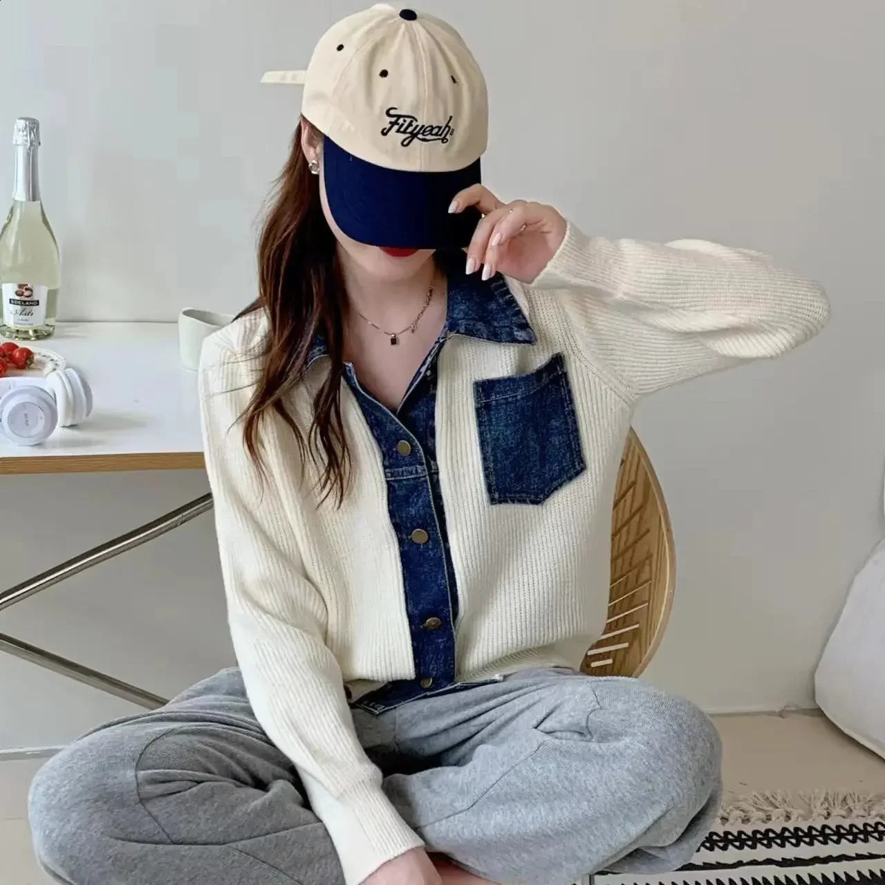 Woman Jean Coat Red Denim Jacket for Women Spring Autumn Knitted Outerwear Patchwork 2024 Fashion Harajuku Streetwear Trend 240814