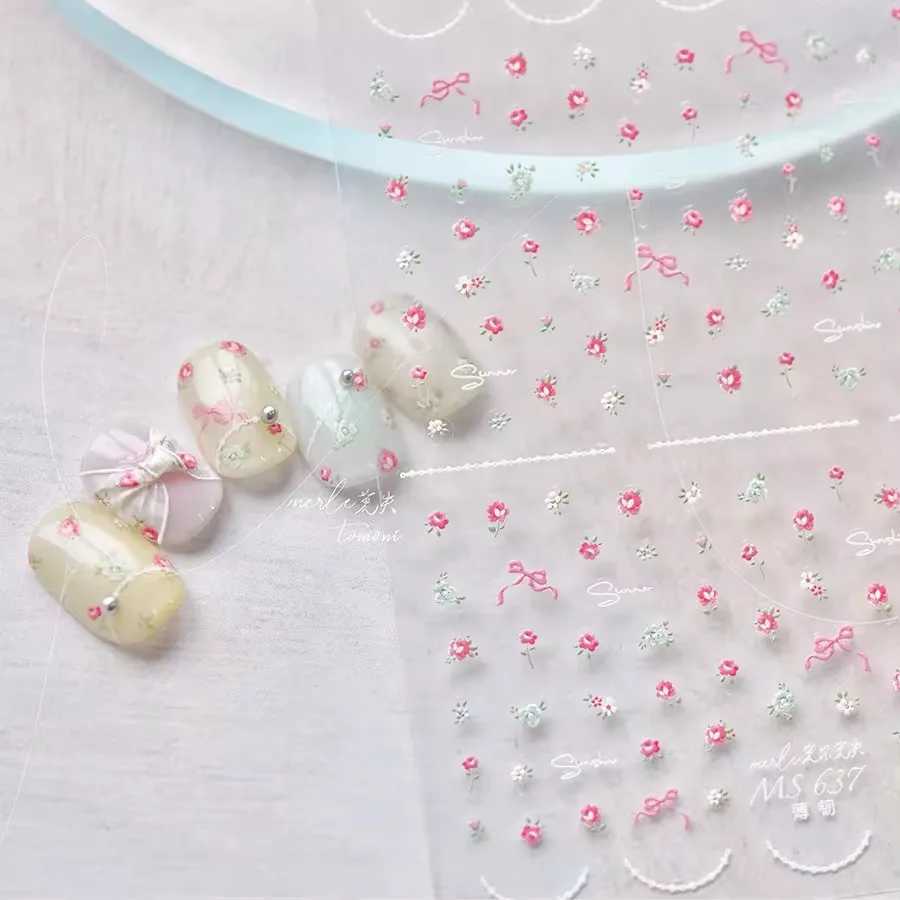 1Sheet Cute Wildflower Nail Art Stickers Cute Colored Flower Ribbon 5D Embossed Relief Nail Decoration Parts Decals AccessoriesXJ240814