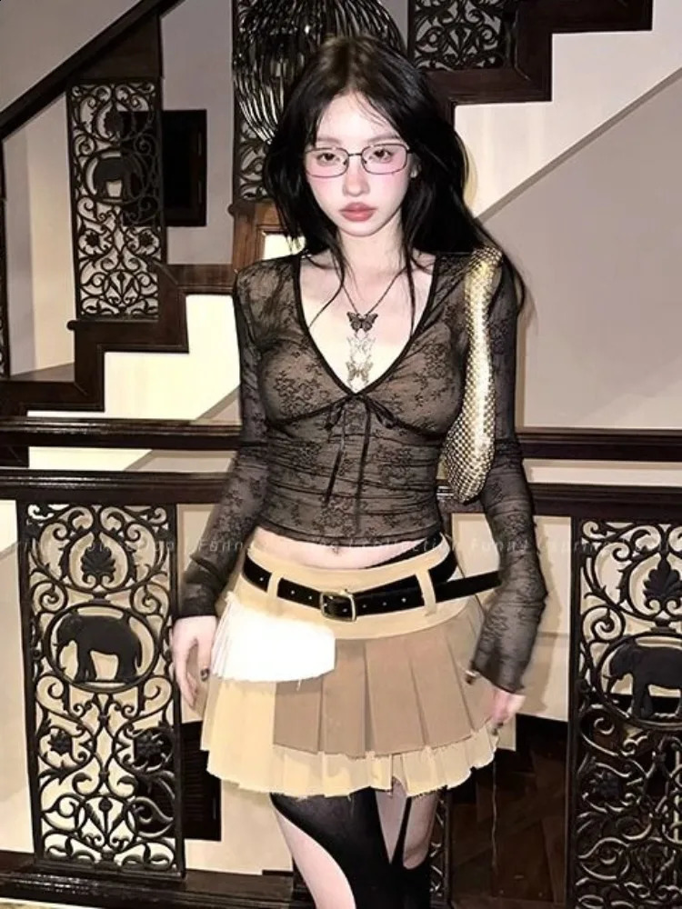 Deeptown Coquette Aesthetic Mesh Tshirt Womens Retro Vneck Lace Bow Cut Top Y2k Sexy Slimming Long Sleeve 240814