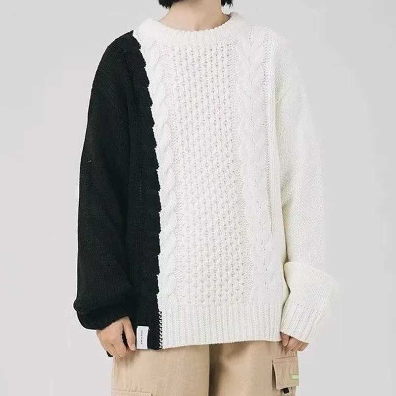 New Spring and Autumn Fashion Brand Splice Contrast Round Neck Loose Versatile Fried Dough Twists Pullover Casual Mens SweaterXJ240814