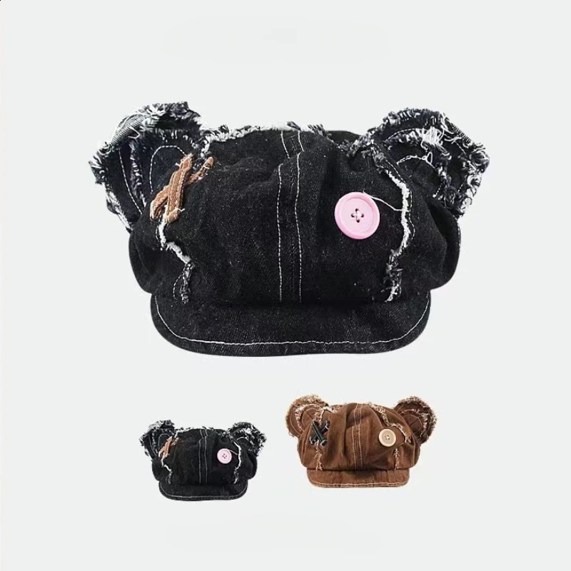 Womens Vintage Distressed Doll Bear Cowboy Octagonal Hat Y2K Button Elements Bear Ears Beret 240805