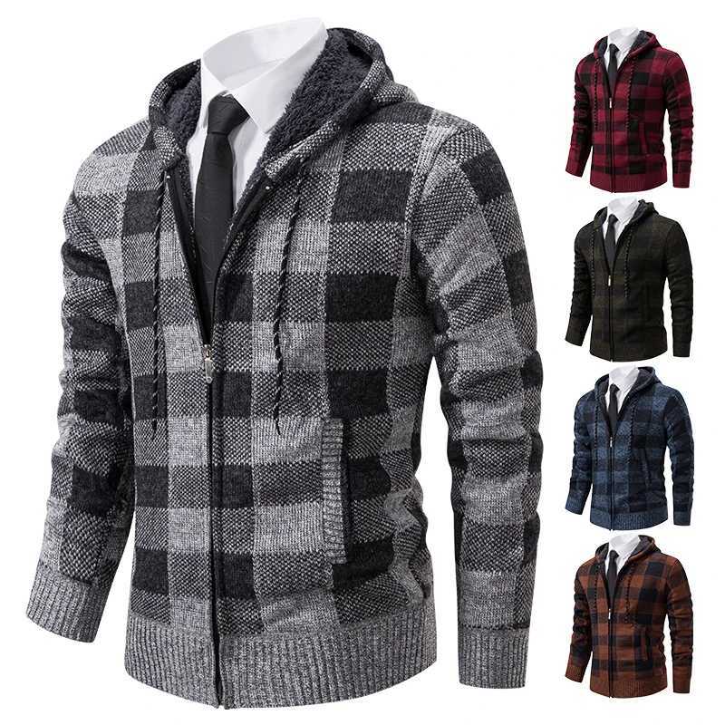 Autumn Winter Mens Cardigan Fashion Plus Velvet Padded Knit Jumpers Male Sweater Hooded Plaid Korean Luxury Brand CoatXJ240814