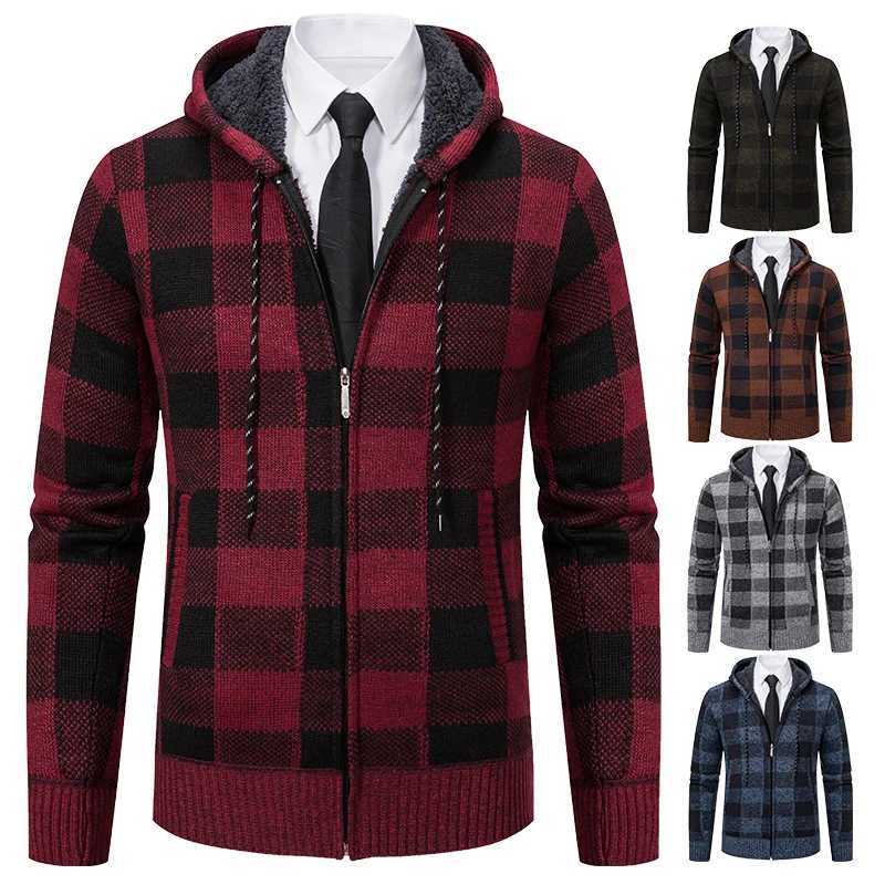 Autumn Winter Mens Cardigan Fashion Plus Velvet Padded Knit Jumpers Male Sweater Hooded Plaid Korean Luxury Brand CoatXJ240814