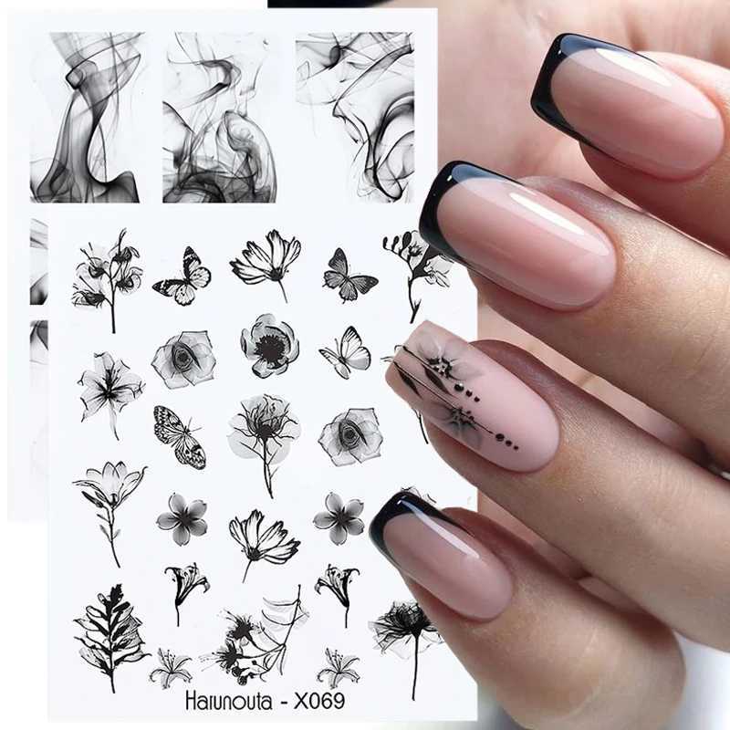 Harunouta Winter Simple Ink Blooming Theme Water Decal Sticker Black Flower Leaf DIY Slider For Manicuring Nail Art WatermarkXJ240814