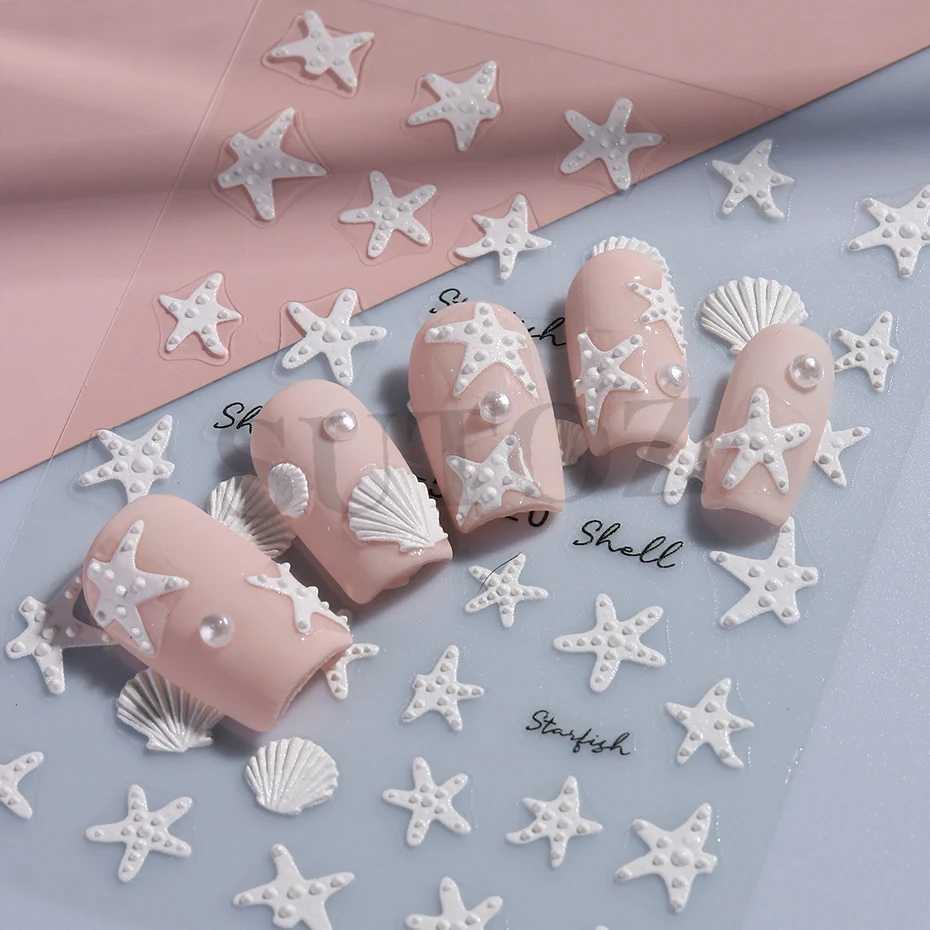 Summer Starfish 5D Embossed Nails Stickers Ocean Sea Shells Blue White Relief Marine Sea Stars Design Manicure Ornaments #JI-5DXJ240814