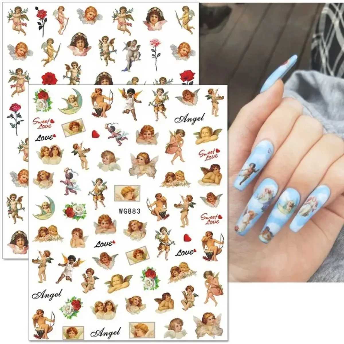 Angel Flower Pattern Nail Stickers Cupid Self-Adhesive Nail Decals 3D DIY Tips Nail Art Decorations Nail Design Manicure WrapXJ240814