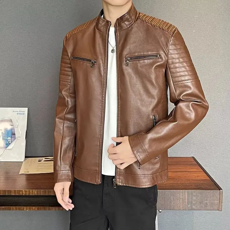 Stand collar leather jacket Korean slim trend motorcycle pu leather jacket 240814