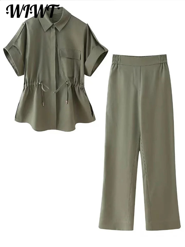 Elegant Lace-up Lapel Shirt Pants Set Women Loose Turn-down Collar Short Sleeve Top Straight Trousers Summer Casual Outfits 240815