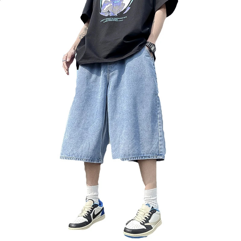 2024 Men Summer Fashion Baggy Denim Shorts Man Loose Wide Leg Jeans Male Streetwear Casual Kneelength Pants F23 240820