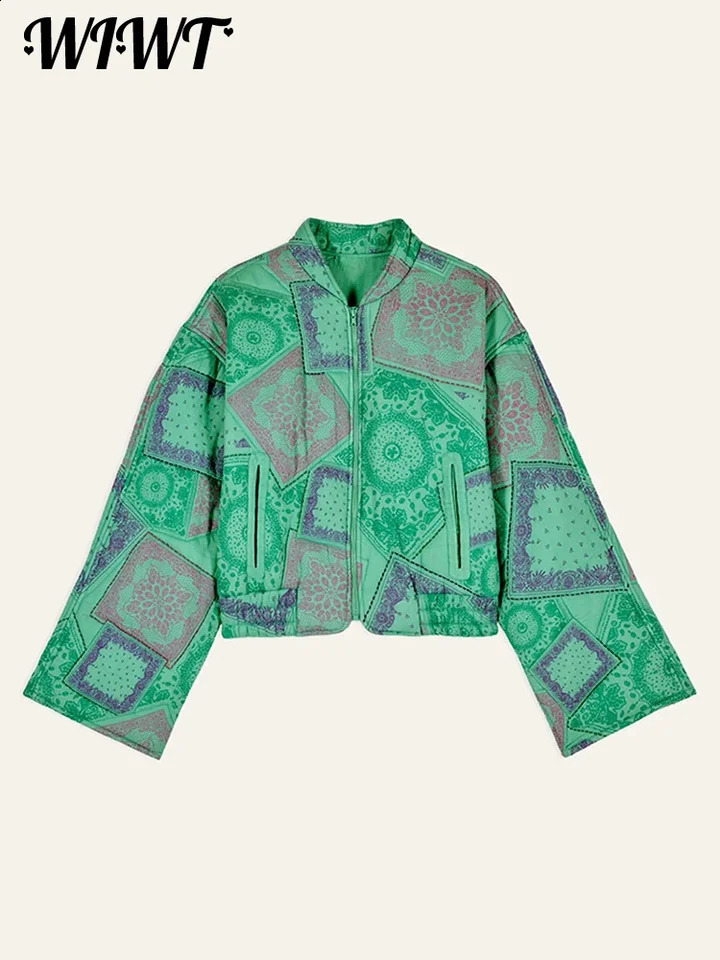 Vintage Printed Padded Cotton Coats Women Stand Collar Pockets Zipper Short Jacket Autumn Winter Lady Chic Tops Outwear 240815