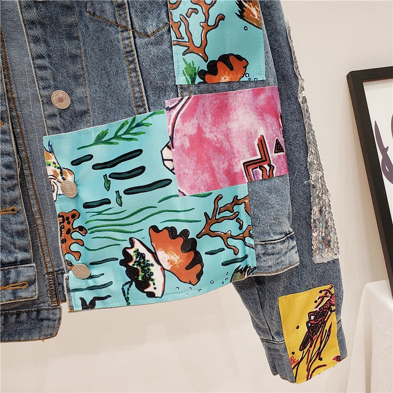 Autumn Women Denim Jacket Sequins Overcoat Patchwork Cartoon Jeans Jacket Casual Female Loose Coat Jeans Jacket Women 240814