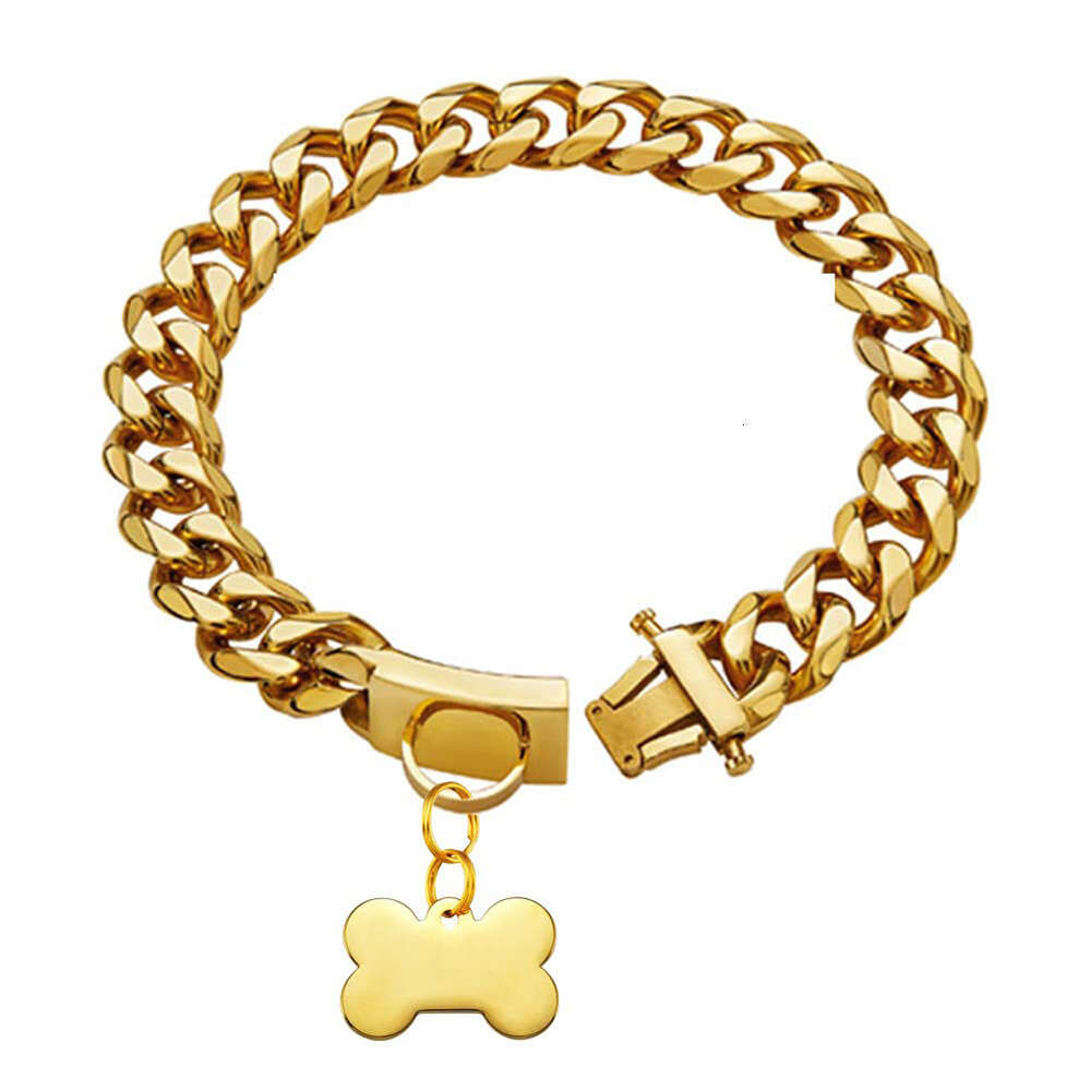 Gold Dog Collar Stainless Steel Cuban Link Chain With Bone ID Tag, Luxury Pet Necklace, Small Medium Large Dogs Usage Zozostore