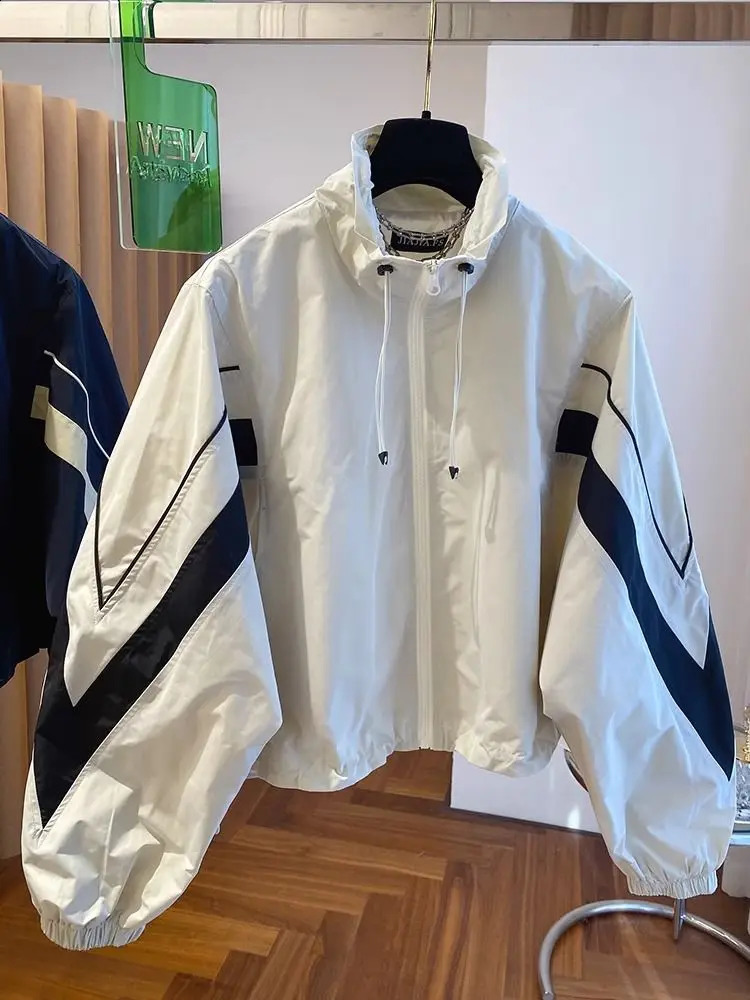 design feeling loose and casual drawstring stand up collar jacket for womens spring autumn thin short baseball fashion 240814