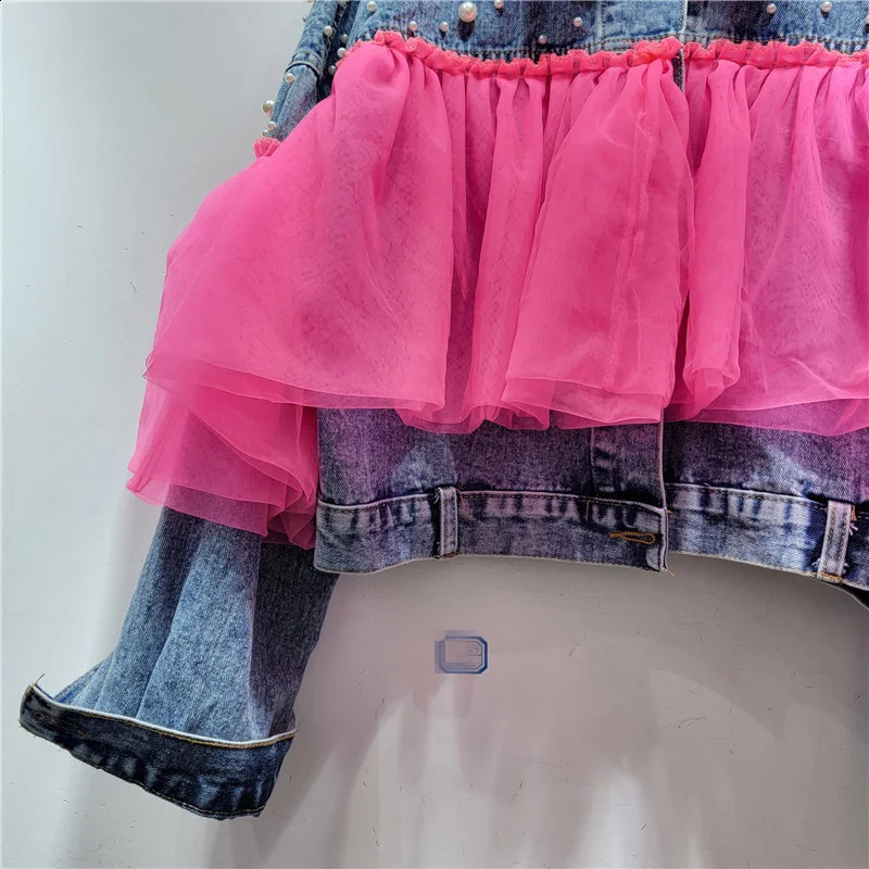 EWQ Mesh Spliced Pearl Denim Jacket For Women Long Sleeve Patchwork Contrast Jackets Coat 2024 Spring Summer Tops 16Y7008 240814