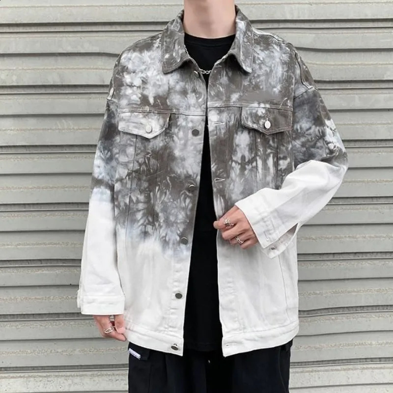 Pink Tie Dyed Jean Jacket Mans Gradient Color High Street Couple Jacket Spring and Autumn Long Sleeve Lapel Coats Ropa Hombre 240814