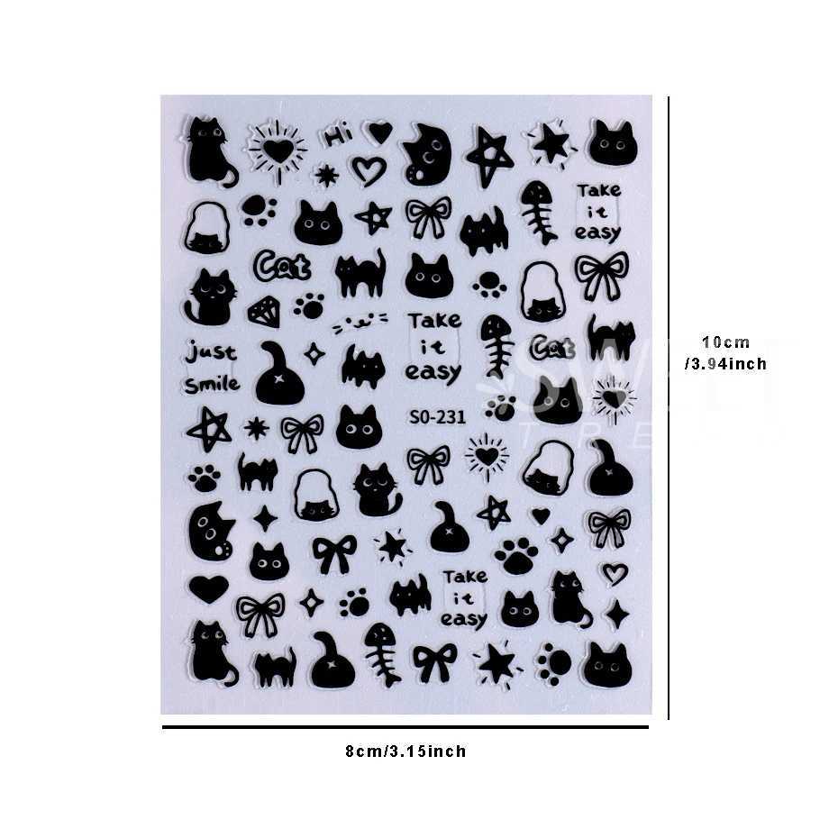 2pcs 3D Black Kawaii Cat Nail Stickers Decals Love Heart Y2K Star Bow Cartoon Self Adhesive Nail Sliders Decorations ManicureXJ240814