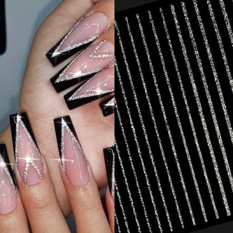 French Reflective Glitter 3D Nail Sticker Sparkly Gold Silver Line Star Heart Nail Decals Transfer Sliders Manicure DecorationsXJ240814