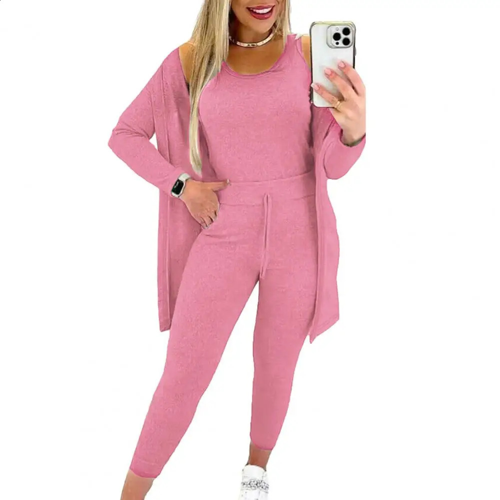 3 Pcs/Set Women Coat Vest Pants Suit High Waist Elastic Sweatpants Sleeveless Vest Mid Length Coat Sports Fall Winter Tracksuit 240809