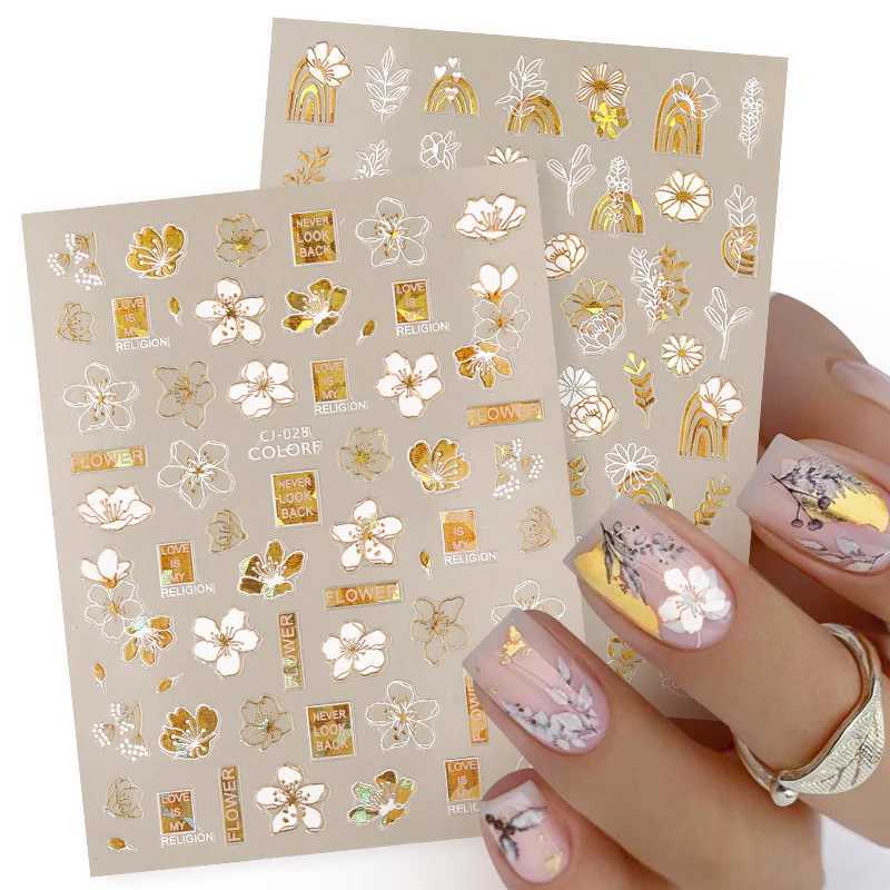 1PC 3D Nail Stickers White Gold Leaf Abstract Line Pattern Self-Adhesive Slider Nail Art Decorations Leaf Love Heart Nail DecalsXJ240814