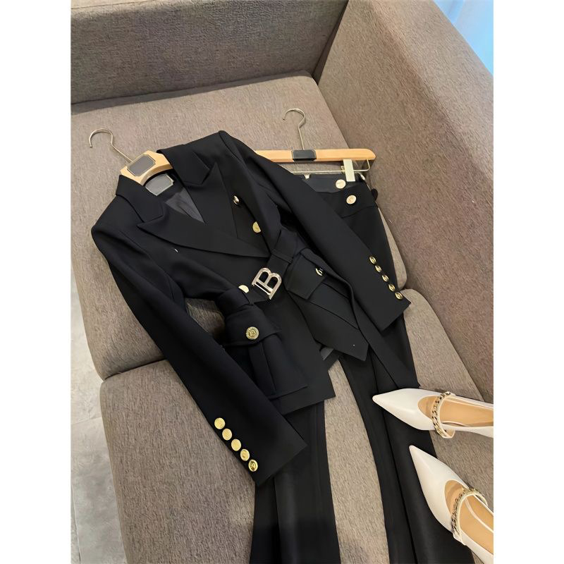 Luxurious Ladies' Office Attire: Structured Long-Sleeve Jacket and Sleek Wide-Legged Pant ComboLong-sleeved suit and trousers two-piece set