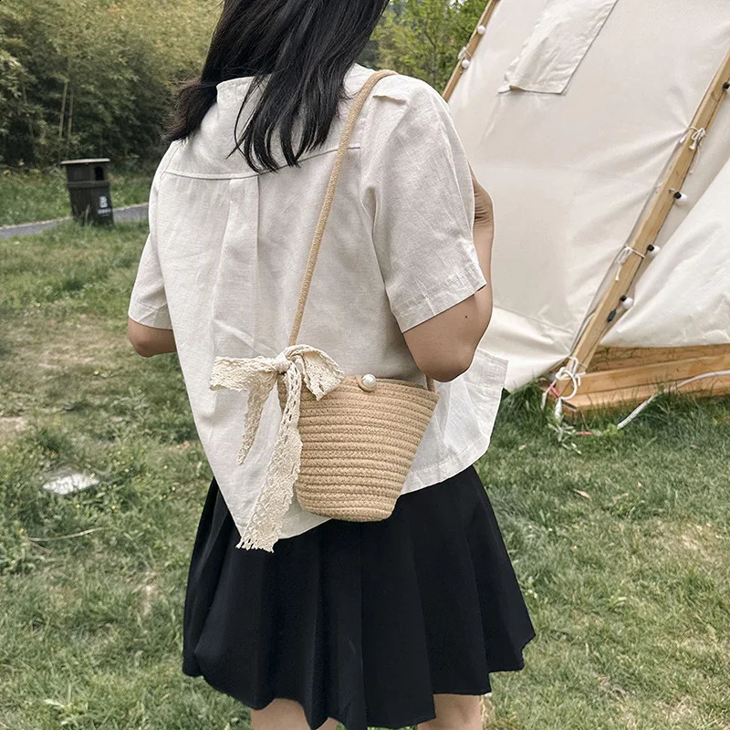 Womens Cotton Woven Bag Summer Trendy Portable Beach Bucket Crossbody Knitted Shoulder for Travel 240814
